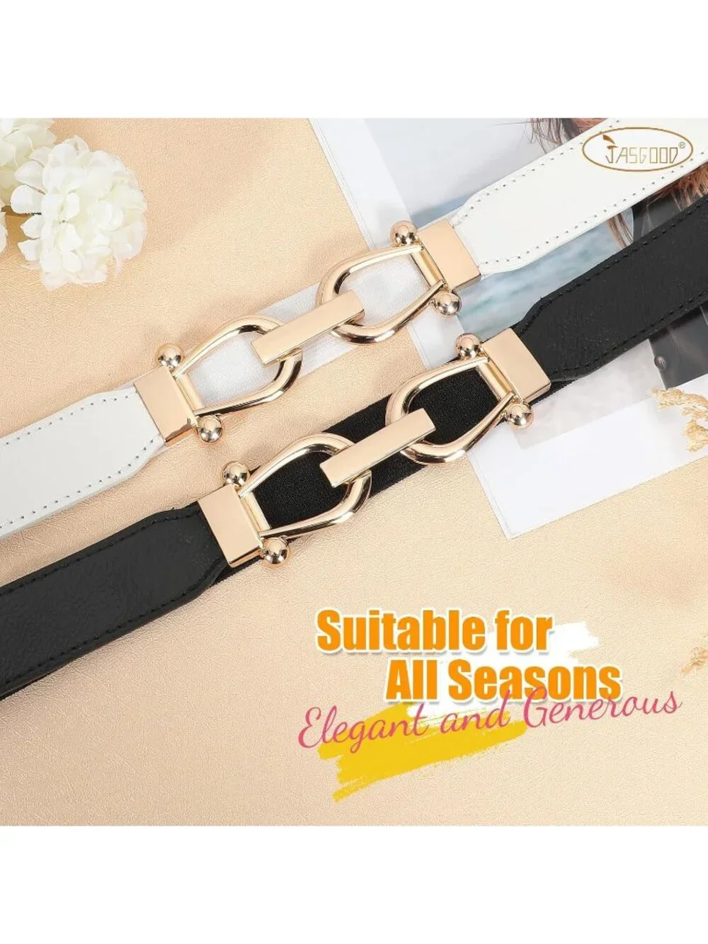 Women's Black & White Retro Elastic Skinny Stretch Belt 2-Pcs With Gold Buckle